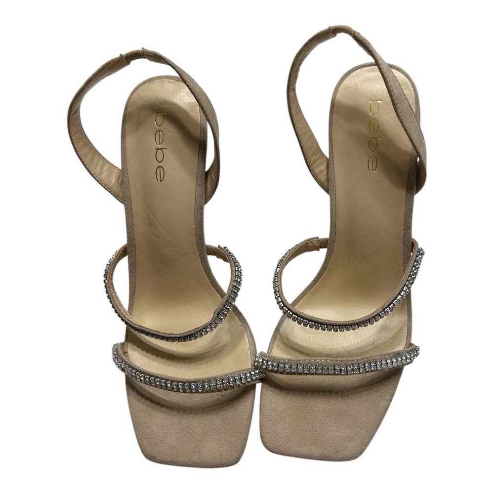 Bebe Beige Strappy Heels with Rhinestones